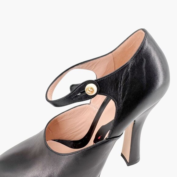 Gucci Lesley Mary Jane Pumps Size 37.5  US 7.5 Black Leather High Heel GG Pearl - Picture 11 of 15